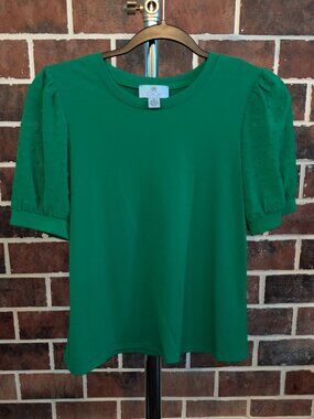 CECE Kelly Green Swiss Dot Puff Sleeve Mixed Media Top XS